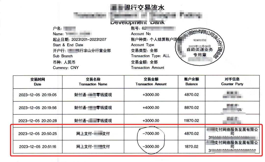 向对方提供的二维码扫码转账7次，合计51516元。 把摄像头对准奶奶的手机进行操作。